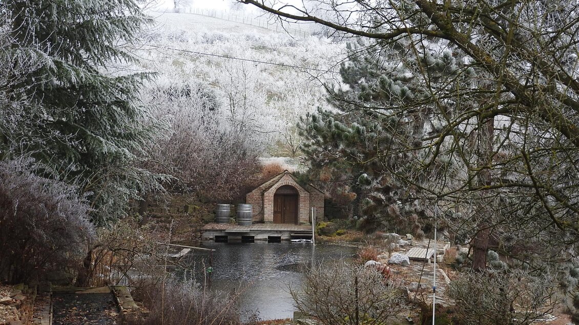 Ein winterlicher Garten mit einem kleinen Teich und einem Holzhaus im Hintergrund. Die Bäume sind mit Frost bedeckt und die Landschaft wirkt ruhig und friedlich. | © Richard Wilfling