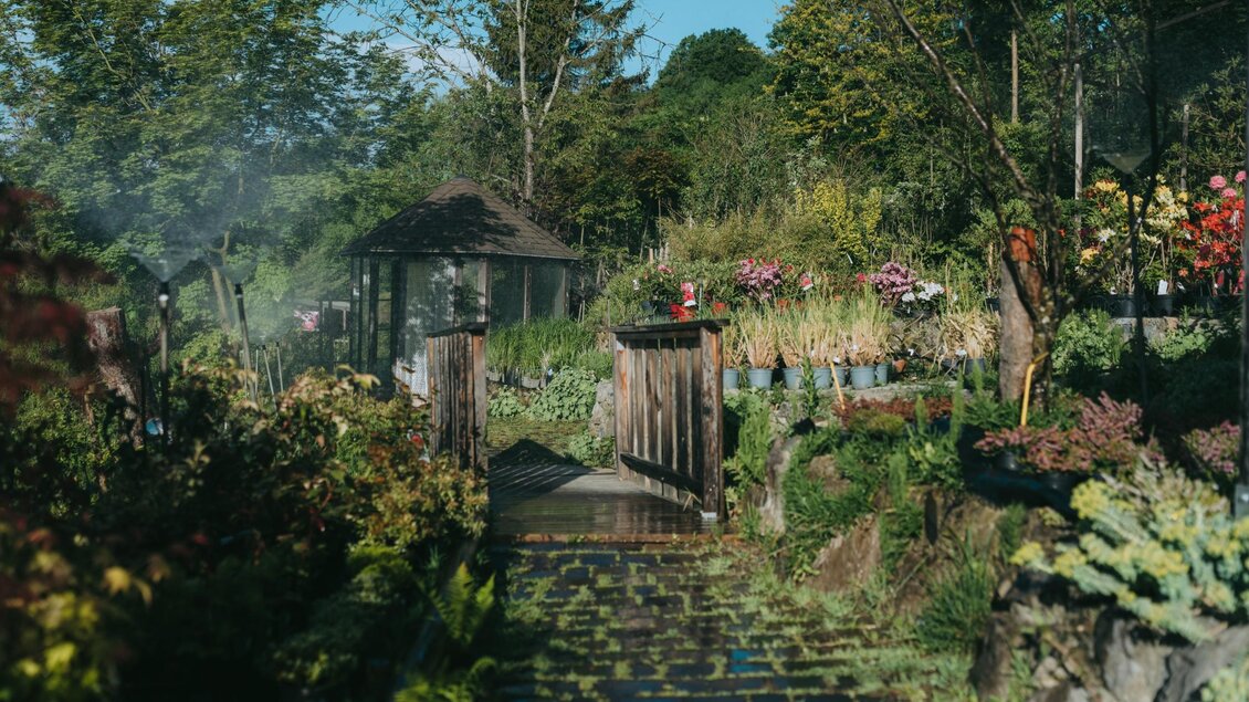 Gartenweg mit Holzbrücke, Pavillon und zahlreichen Topfpflanzen im Freigelände des Gartenparadies Painer. | © Bernd Grosseck