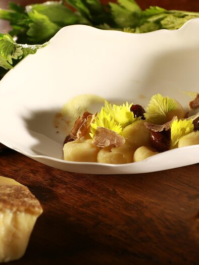 Ein elegantes Gericht auf einem weißen Teller, garniert mit frischen Kräutern und essbaren Blüten. Verschiedene Zutaten wie Gnocchi und Pilze sind kunstvoll angerichtet. | © Gasthaus Thaller