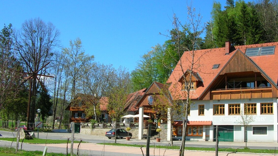 Eine malerische Landschaft mit rustikalen Häusern und grünem Wald im Hintergrund. Die Sonne scheint und der Himmel ist klar blau. | © TV Südsteiermmark