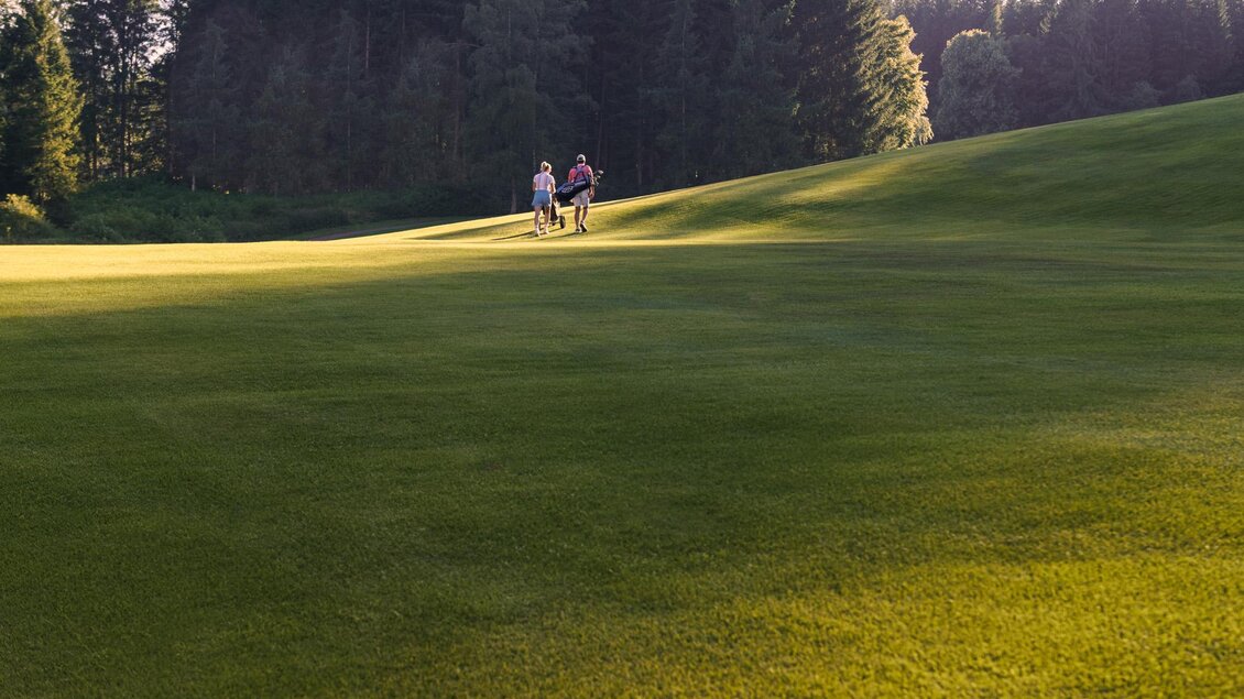 Eine sanfte, grüne Wiese mit zwei Personen, die darauf spazieren gehen. Im Hintergrund sind Bäume und ein malerischer Sonnenuntergang zu sehen. | © Edy Gröger
