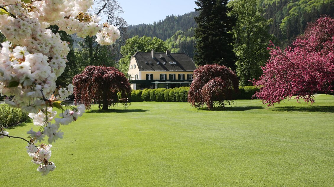 Ein schöner Garten mit bunten Bäumen und einer gepflegten Rasenfläche. Im Hintergrund ist ein hübsches Haus zu sehen, umgeben von Bergen. | © GEPA Pictures