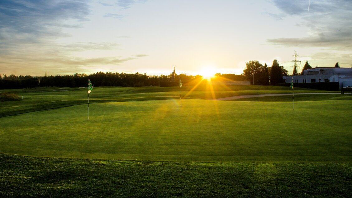Putting Green mit Fahnen im Golfclub Grazer MurAuen bei Sonnenuntergang in Gössendorf.  | © Golferlebnis Steiermark - Manuel Wiedner