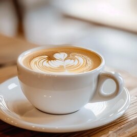 Frisch zubereiteter Cappuccino mit Latte Art in weißer Tasse auf Holztisch.
 | © Midjourney_Sarah Herzog