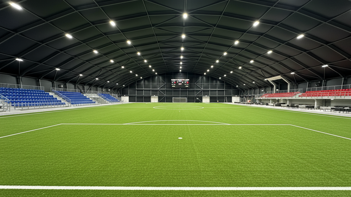 Moderne Fußballhalle mit Kunstrasen, Tribünen und Spielfeld in Premstätten. | © hallofball.eu