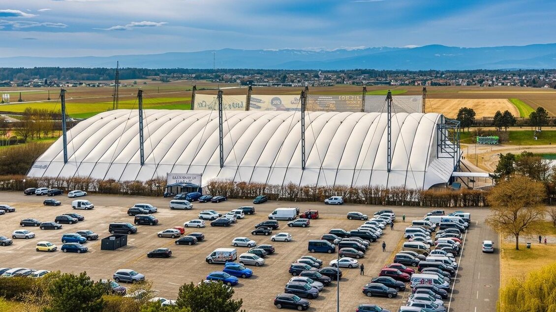 Außenansicht der Fußballhalle in Premstätten mit Parkfläche und umliegender Landschaft. | © hallofball.eu