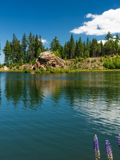 Hebalmsee mit bewaldetem Ufer, Felsen und Spiegelungen im klaren Wasser | © Region Graz - Mias Photoart