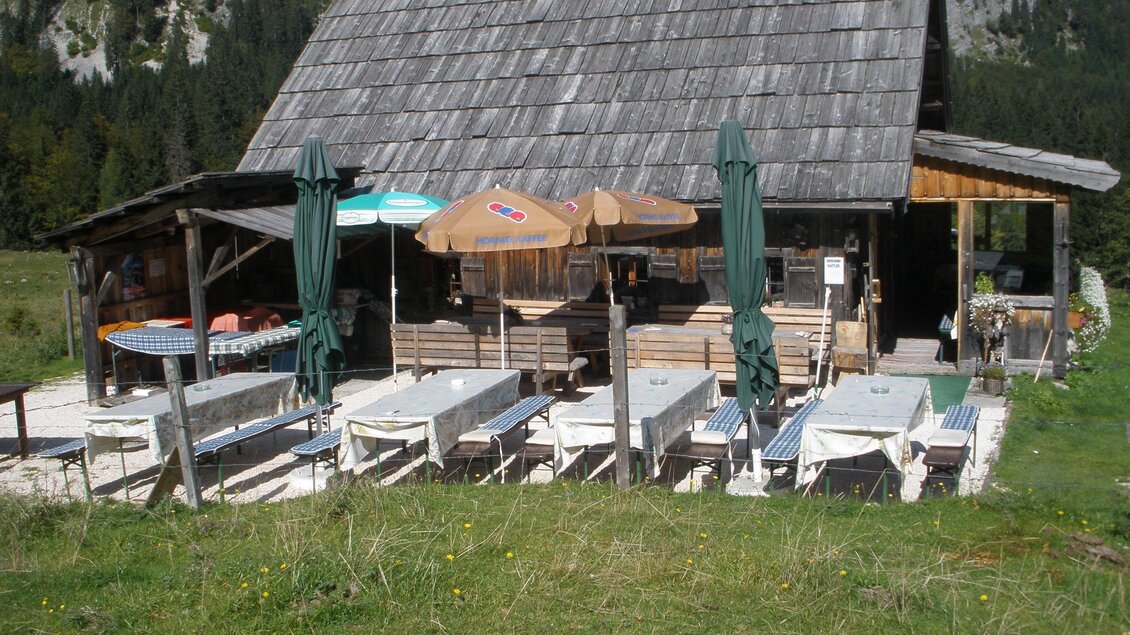 Eine rustikale Hütte mit einem großen Außenbereich und zahlreichen Tischen. Umgeben von grünen Wiesen und Bergen im Hintergrund. | © Hotel DER HECHL