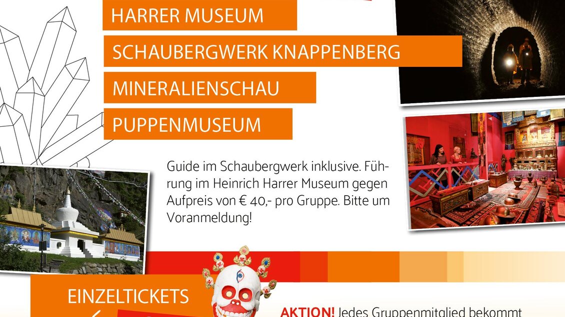 Das Bild zeigt eine Anzeige für Gruppenangebote in den Museen von Hüttenberg. Es beinhaltet Informationen zu Preisen, Museen und Kontaktdaten. | © Museen Hüttenberg