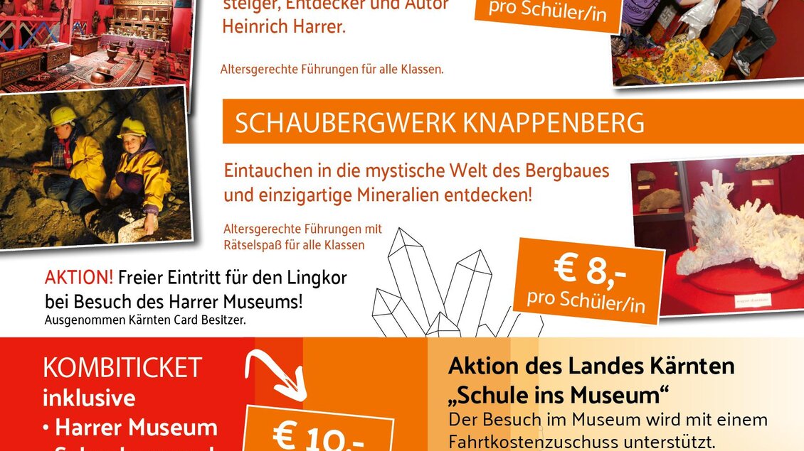 Ein Informationsblatt über die Museen in Hüttenberg, das Angebote für Schulen präsentiert. Es beschreibt das Harremuseum und das Schaumbergwerk Kranenburg sowie Preisdetails für Schüler. | © Museen Hüttenberg