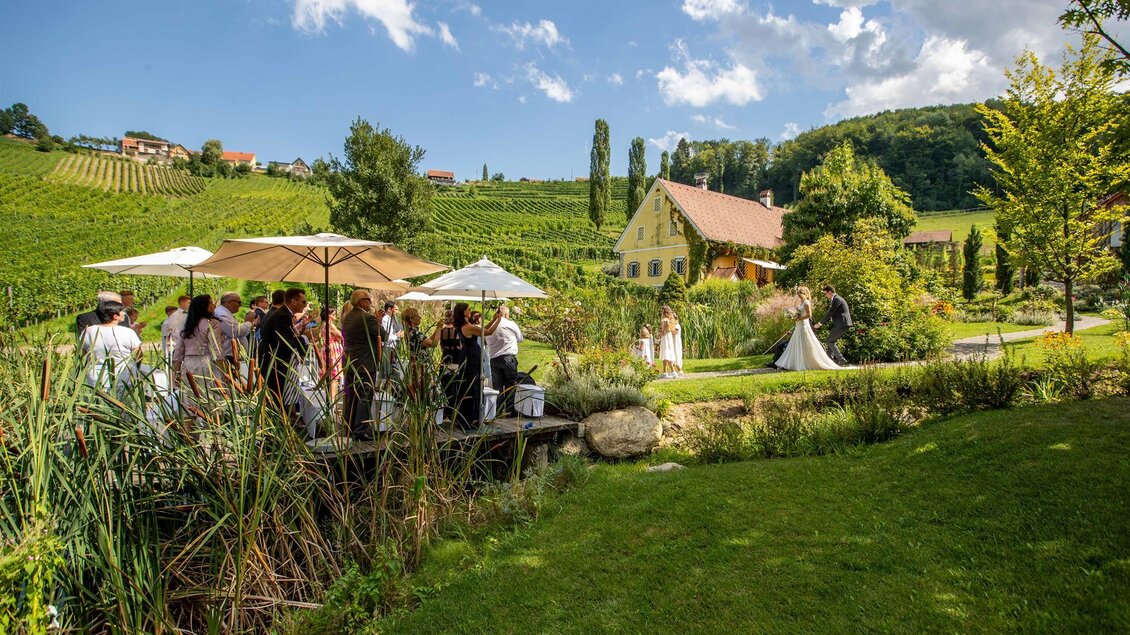 Ein malerischer Weingarten mit einer Feier im Freien. Im Hintergrund sind ein hübsches Haus und viel grüne Landschaft zu sehen.