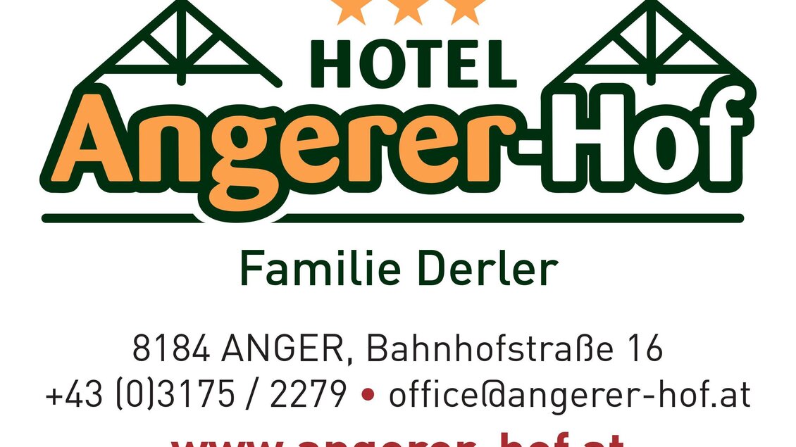 Ein Logo und Kontaktinformation für das Hotel Angerer-Hof. Das Hotel wird von der Familie Derler betrieben und befindet sich in Anger. | © Hotel Angerer-Hof