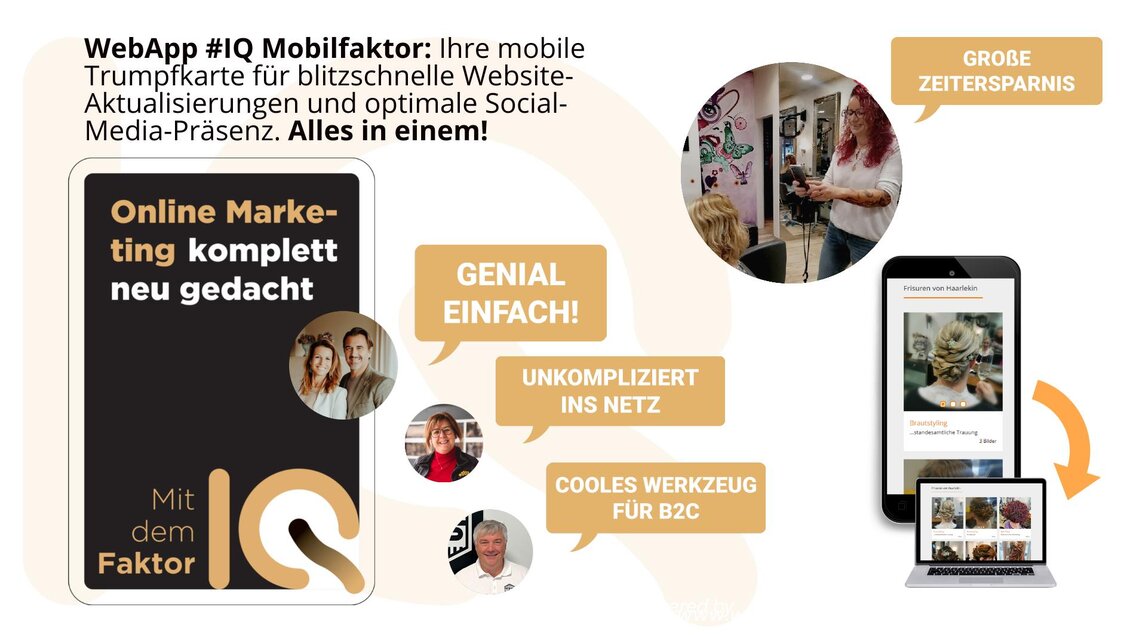 Eine Werbeanzeige für die WebApp #IQ Mobilfaktor, die schnelle Website-Aktualisierungen und optimale Social-Media-Präsenz bietet. Sie zeigt verschiedene digitale Geräte und betont die Einfachheit und Effizienz des Online-Marketings. | © IQ WebFactory