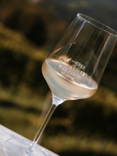 A glass of white wine is on a table. In the background, green vineyards can be seen. | © Jaglhof