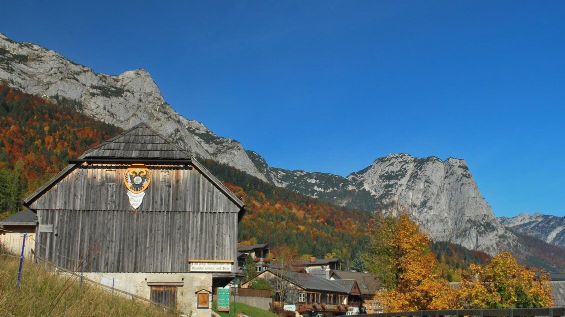 Ein traditionelles Holzhaus vor beeindruckenden Bergen. Die bunten Herbstbäume verleihen der Landschaft eine malerische Schönheit. | © Kulturelle ARGE Grundlsee