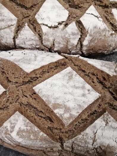 Zwei rustikale Brotlaibe mit bemehlter Kruste und kreuzförmigem Einschnitt aus Kathi’s Hofladen in Ligist | © Katharina Leitner