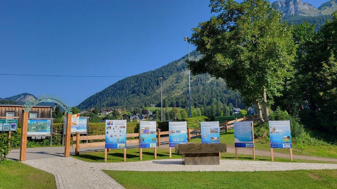 Ein schöner Aussichtspunkt mit Informationstafeln in der Natur. Im Hintergrund sind grüne Hügel und ein klarer Himmel zu sehen. | © Petra Kirchschlager