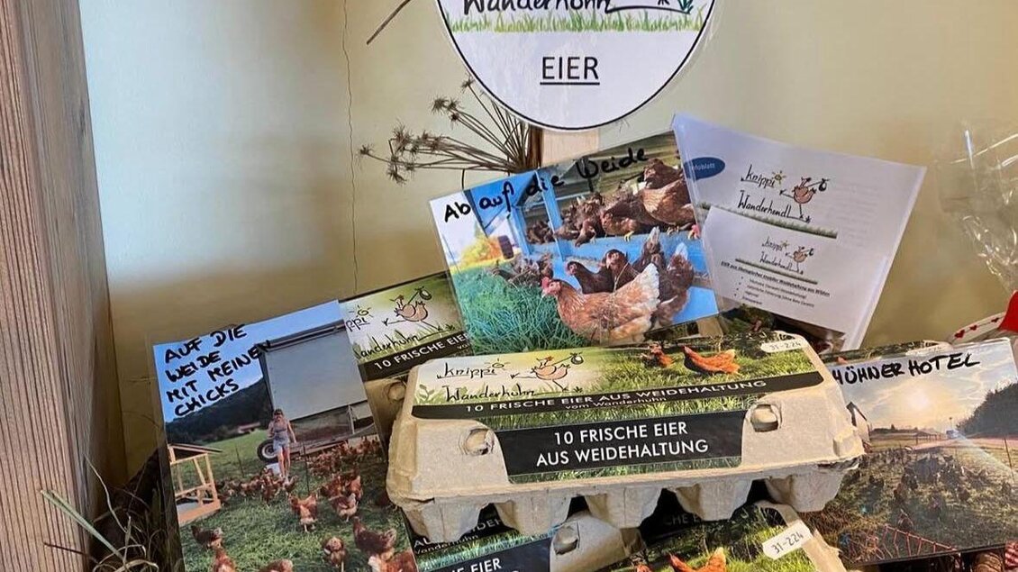 Ein Korb mit frischen Eiern aus Freilandhaltung steht bereit. Oben hängt ein Schild mit der Aufschrift „Hier gibt's knipp's Wanderhuhn EIER“. | © Knippihof
