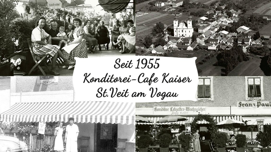 Eine Collage aus historischen Fotos zeigt das Konditorei-Café Kaiser in St. Veit am Vogau seit 1955. Die Bilder zeigen das Café, die Mitarbeiter und die Umgebung. | © Helmut Kaiser