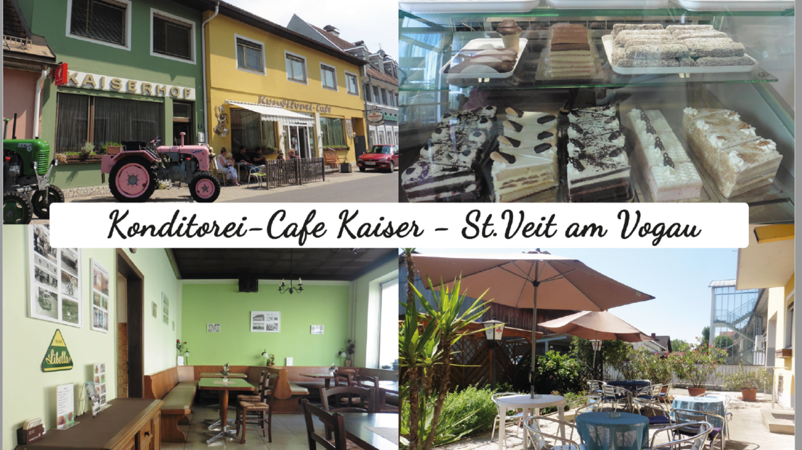 Das Bild zeigt das Konditorei-Café Kaiser in St. Veit am Vogau. Es präsentiert verschiedene Anblicke des Cafés, darunter die Außenansicht, eine Auswahl an Süßigkeiten und das gemütliche Innere. | © Helmut Kaiser