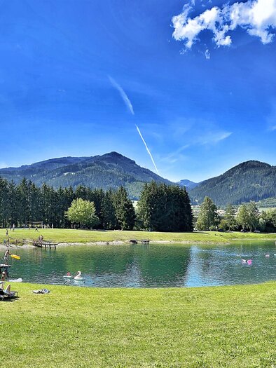 Ein malerischer See umgeben von grünen Wiesen und Bäumen. Im Hintergrund sind majestätische Berge und ein klarer blauer Himmel sichtbar. | © Markus Oberländer