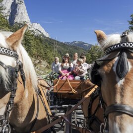 Eine Kutsche wird von zwei schönen Pferden gezogen. Darin sitzen mehrere Personen in traditioneller Kleidung, umgeben von einer malerischen Landschaft. | © www.zloam.at