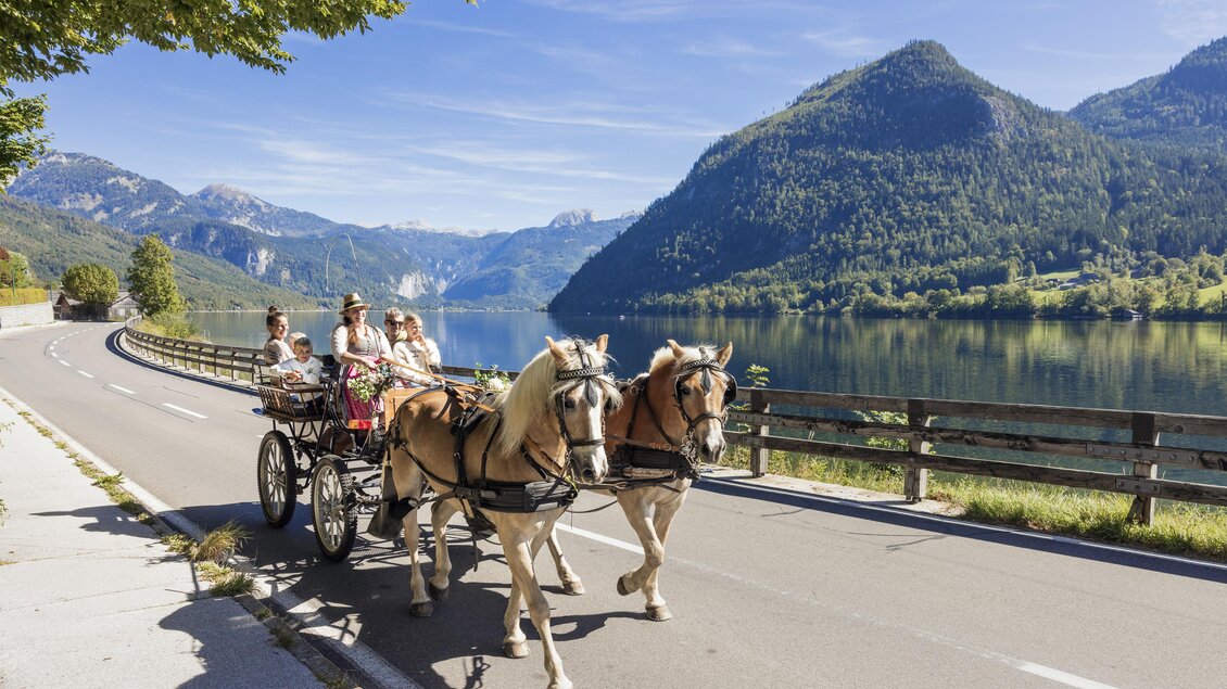 Eine Pferdekutsche fährt entlang einer malerischen Straße am Wasser. Im Hintergrund sind beeindruckende Berge und eine schöne Landschaft zu sehen. | © www.zloam.at