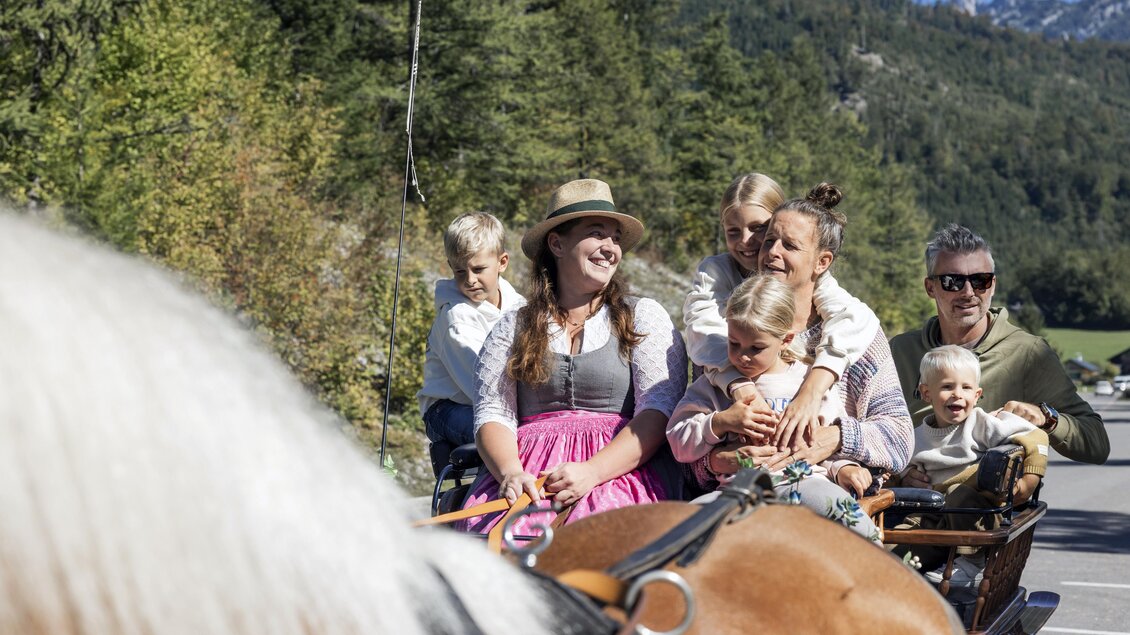 Eine fröhliche Familie fährt mit einer Pferdekutsche durch eine malerische Landschaft. Sie genießen die Sonne und die Natur um sich herum. | © www.zloam.at