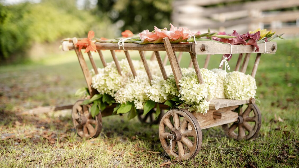 Kleiner Holzwagen mit weißen und bunten Blumen am Wegesrand des Schusterbauernhofs in Geistthal-Södingberg.
 | © Die Abbilderei