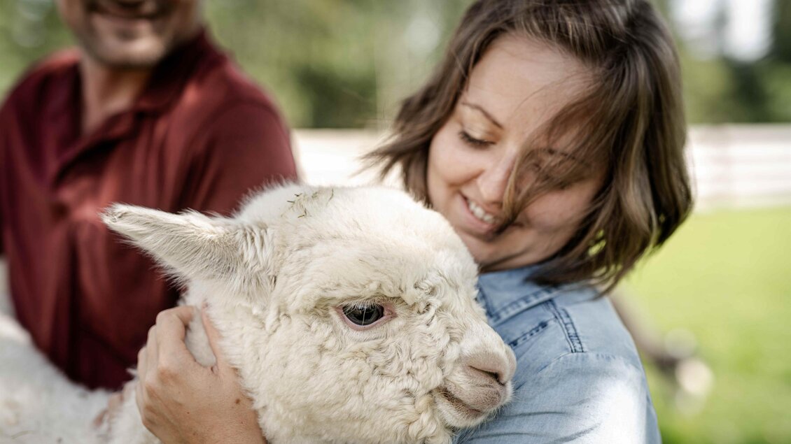 <p>Frau hält ein weißes Alpaka im Arm am Bio Schusterbauerhof La Paca in Geisttal-Södingberg.</p> | © Die Abbilderei