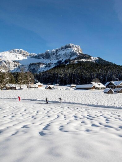 Eine verschneite Landschaft mit mehreren Hütten und Bäumen. Im Hintergrund erhebt sich ein imposantes Gebirge unter einem klaren blauen Himmel. | © TVB Ausseerland - Salzkammergut-Tom Lamm