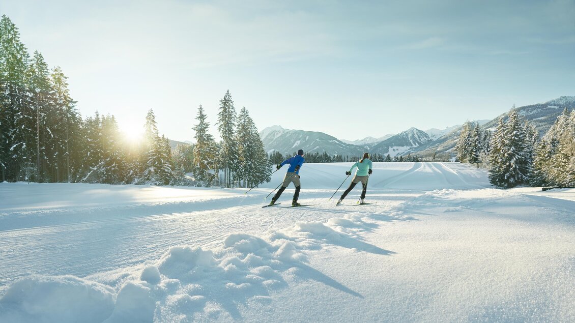 Zwei Skifahrer gleiten über eine verschneite Landschaft. Im Hintergrund sind Berge und Nadelbäume sowie die Sonne zu sehen. | © Peter Burgstaller