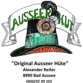 <p>Ein Logo mit dem Schriftzug "Ausseer Hut" und einer Zeichnung eines solchen traditionellen Hutes. Darunter stehen die Kontaktdaten und der Standort in Bad Aussee.</p> | © Alexander Reiter