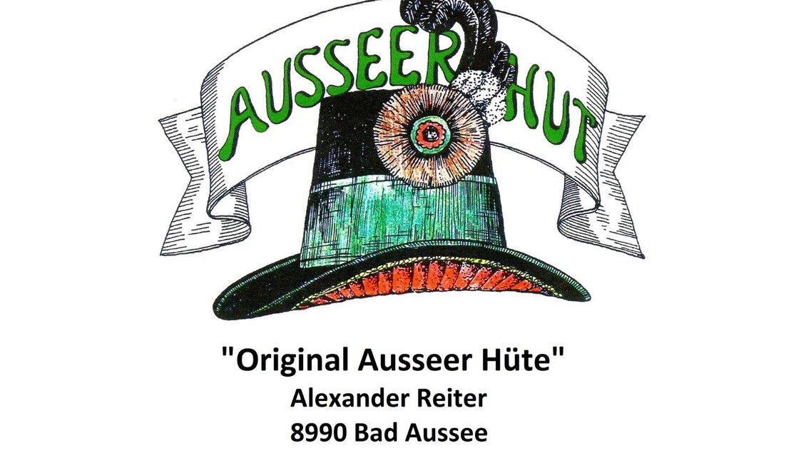 <p>Ein Logo mit dem Schriftzug "Ausseer Hut" und einer Zeichnung eines solchen traditionellen Hutes. Darunter stehen die Kontaktdaten und der Standort in Bad Aussee.</p> | © Alexander Reiter