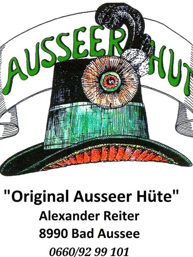 <p>Ein Logo mit dem Schriftzug "Ausseer Hut" und einer Zeichnung eines solchen traditionellen Hutes. Darunter stehen die Kontaktdaten und der Standort in Bad Aussee.</p> | © Alexander Reiter