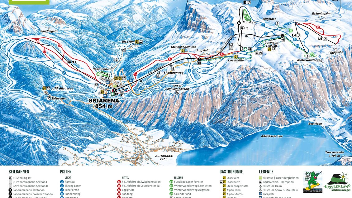 <p>Die Panoramakarte des Loser Skigebietes in Altaussee mit diversen Pisten und Liften sowie Langlaufloipen bis in die Blaa Alm. Es sind die verschiedenen Schwierigkeitsgrade farblich hinterlegt und auch der Altausseer See ist eingezeichnet.</p> | © Loser Bergbahnen