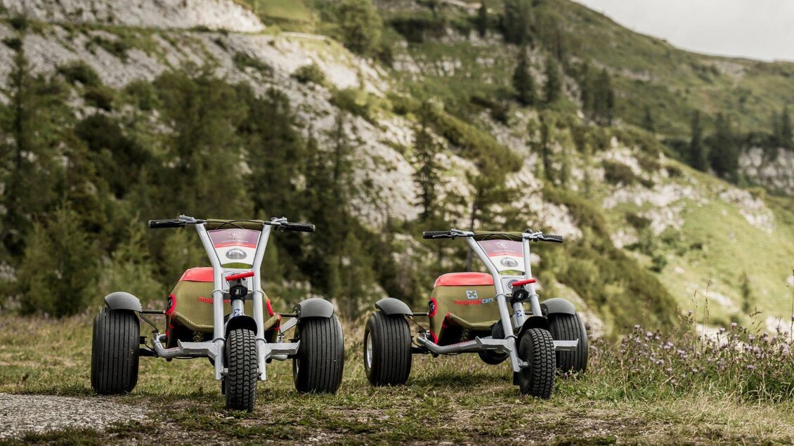 Zwei Mountaincarts von den Loser Legends stehen auf der Abfahrt am Loser in Altaussee. Im Hintergrund ist ein Teil des Losers und die Berge des Ausseerland Salzkammergutes zu sehen. | © Loser Legends - Mountaincart Salzkammergut