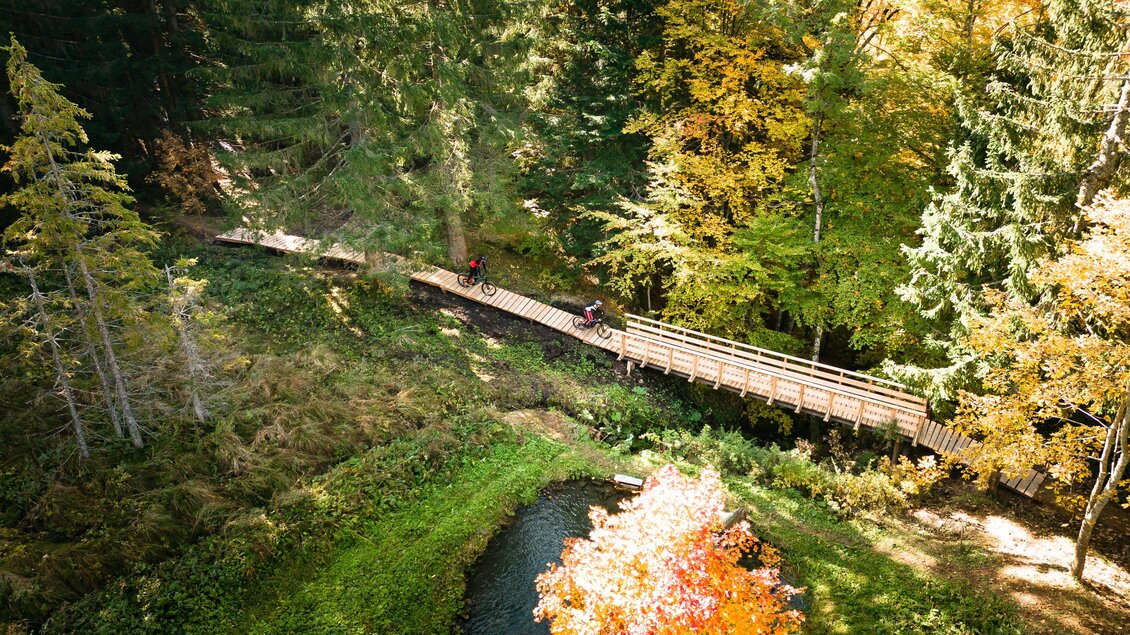 Ein schöner Wald mit buntem Herbstlaub und einem Holzsteg über ein kleines Gewässer. Die Landschaft vermittelt Ruhe und Naturverbundenheit. | © Loser Bergbahnen Altaussee/K. Steinegger