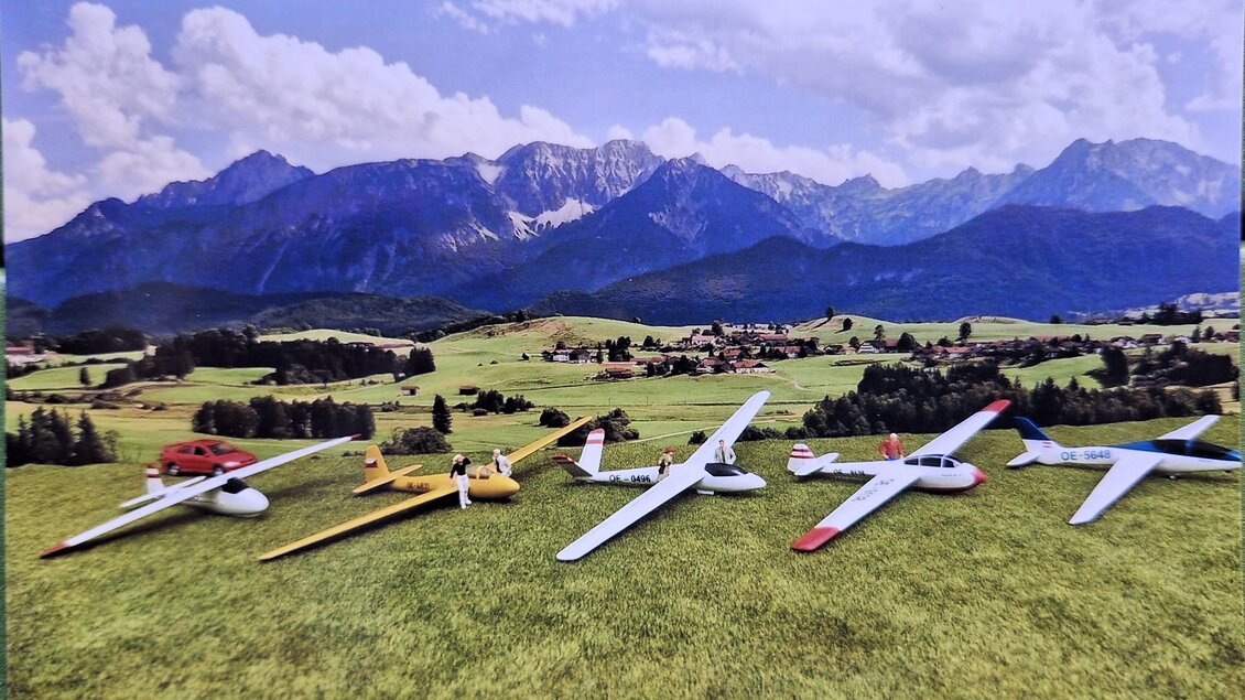 Eine Reihe von Segelflugzeugen steht auf einer grünen Wiese vor einer beeindruckenden Berglandschaft. Der Himmel ist klar und die Berge sind mit Wolken bedeckt. | © Helmut Kaiser