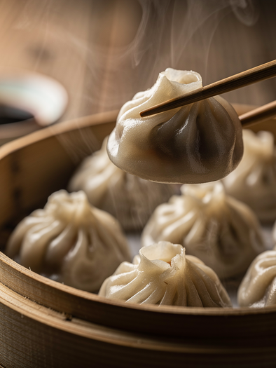 Steamed dumplings in a bamboo basket, one of them is lifted with chopsticks. | © Flux_Benedikt_Trummer
