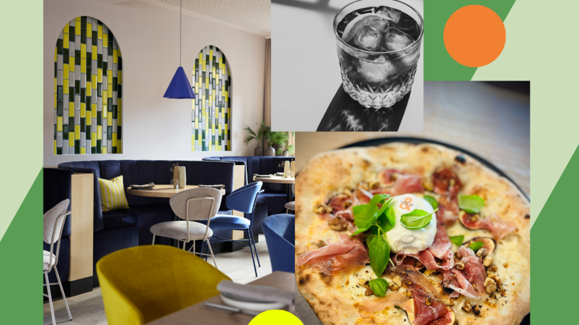 Ein modernes Restaurant mit buntem Interieur und gemütlichen Sitzgelegenheiten. Im Vordergrund liegt eine köstliche Pizza mit Schinken und frischen Kräutern. | © MUNUDS Kitchen