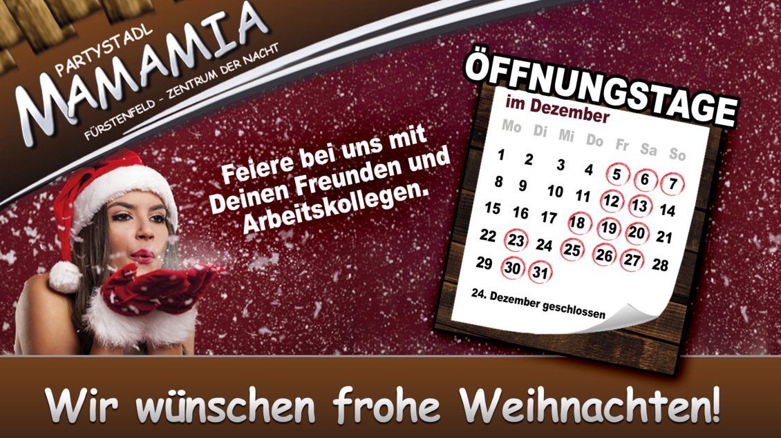 Ein festliches Weihnachtsplakat mit einer Frau in einem Weihnachtsmann-Hut und einem Kalender im Dezember. Der Text lädt ein, mit Freunden und Kollegen zu feiern und wünscht frohe Weihnachten. | © Mamamia