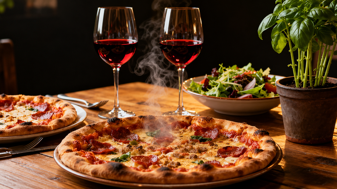 Marios Pizzeria Sportalm Tauplitz. Eine köstliche Pizza mit frischen Zutaten auf einem Holztisch. Dazu zwei Gläser Rotwein und ein bunter Salat. | © Mario Seebacher