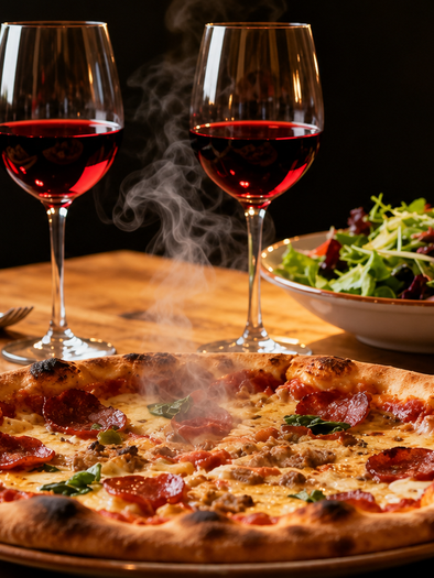 Marios Pizzeria Sportalm Tauplitz. Eine köstliche Pizza mit frischen Zutaten auf einem Holztisch. Dazu zwei Gläser Rotwein und ein bunter Salat. | © Mario Seebacher