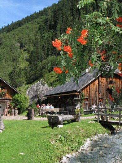 <p>Ein idyllisches Hütterestaurant in der Natur, umgeben von grünen Bergen. Im Vordergrund fließt ein kleiner Bach und es gibt blühende Pflanzen.</p> | © Moarhof-Alm