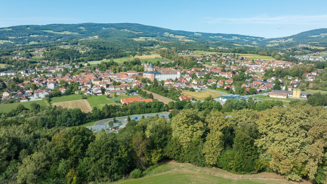Eine malerische Landschaft mit einem kleinen Dorf umgeben von grünen Feldern und Wäldern. Sanfte Hügel erstrecken sich im Hintergrund unter einem klaren Himmel. | © Helmut Schweighofer
