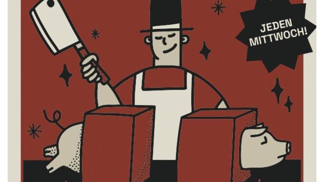 Ein Werbeplakat für ein Grill-Event mit dem Titel „Simsala Sau“. Es zeigt einen Koch mit einem großen Messer und betont, dass das Event jeden Mittwoch stattfindet.