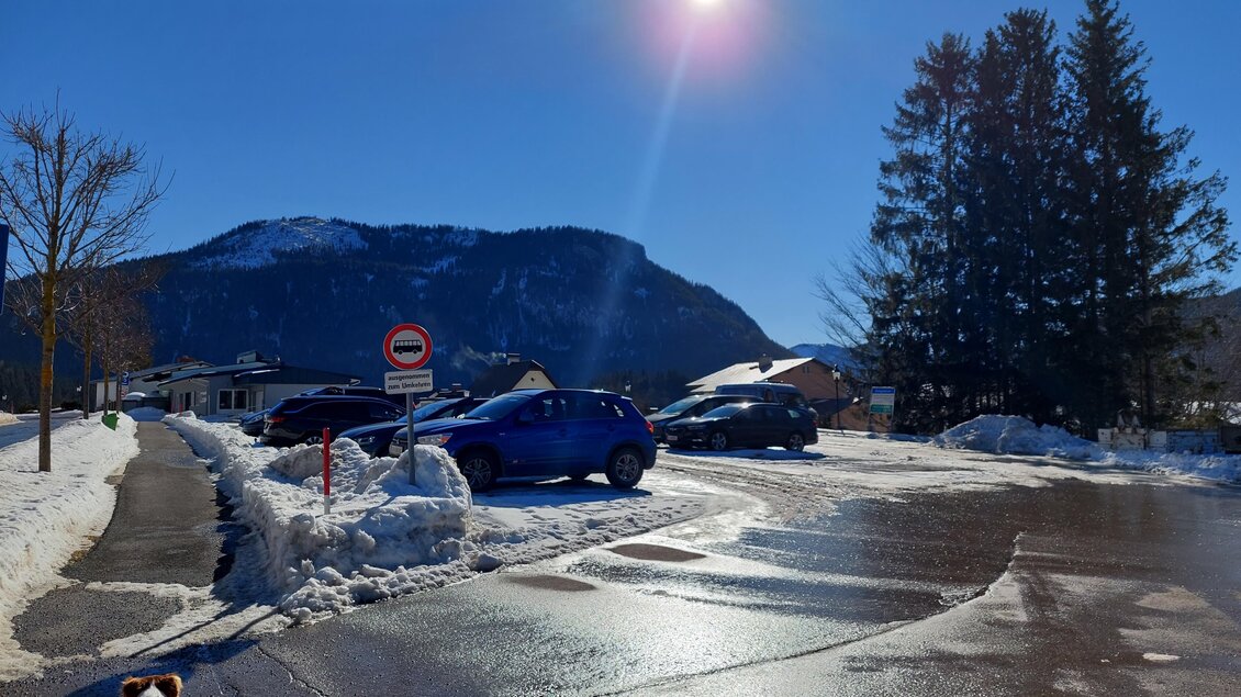 Eine sonnige Winterlandschaft mit schneebedeckten Straßen und Bergen im Hintergrund. Ein Hund steht vor parkenden Autos und genießt den klaren Himmel. | © TV Hochsteiermark / Brigitte Digruber