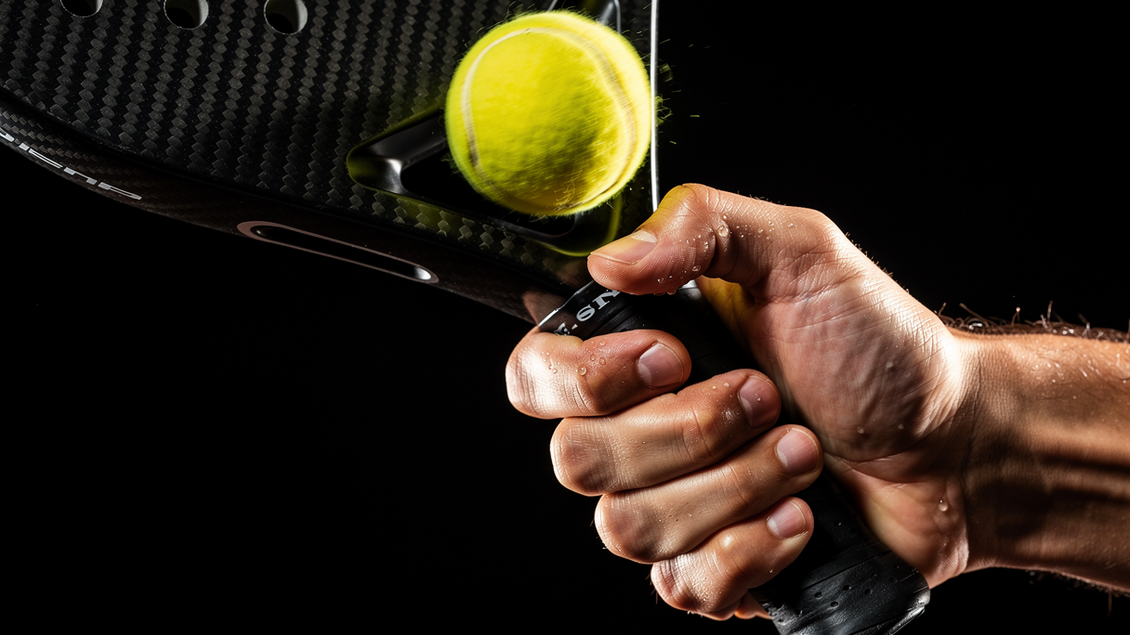 Padeltennisschläger in einer verschwitzten Hand, es wird gerade ein Ball geschlagen.  | © Flux-Benedikt Trummer