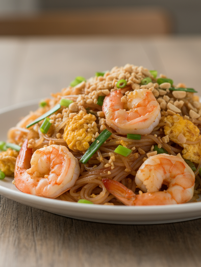 Plate with Pad Thai, fried shrimp, peanuts, egg, spring onions, and lime wedge | © Firefly